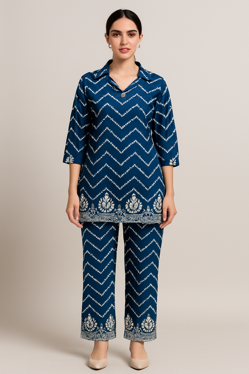 Elegant Black & Gold Ethnic Co-ord Set for Women – Zigzag Print with Brocade Border